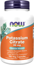 NOW Foods Supplements, Potassium Citrate 99 mg, Supports Electrolyte Balance and Normal pH*, Essential Mineral, 180 veg Capsules