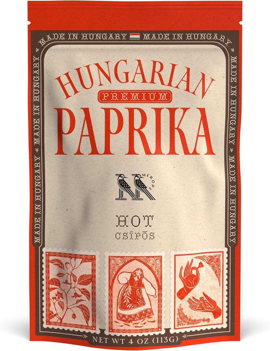 Premium HOT Hungarian Paprika Powder (4 oz) - Non-GMO - Vibrant Deep Red Color - Protected Designation of Origin (PDO): Szeged Region, Hungary - Authentic Seasoning Spice in Resealable Bag by MEROPS