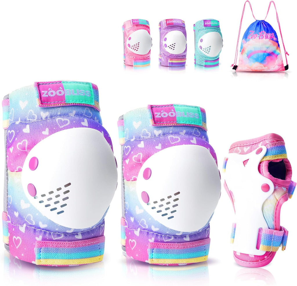 Knee Pads for Kids - ZOOBLISS Toddler Knee and Elbow Pads Set Wrist Guards for Skating Girls Aged 3-12, Kids Protective Gear for Roller Skates Skateboard Bike Scooter, Included Drawstring Bag(Rainbow)