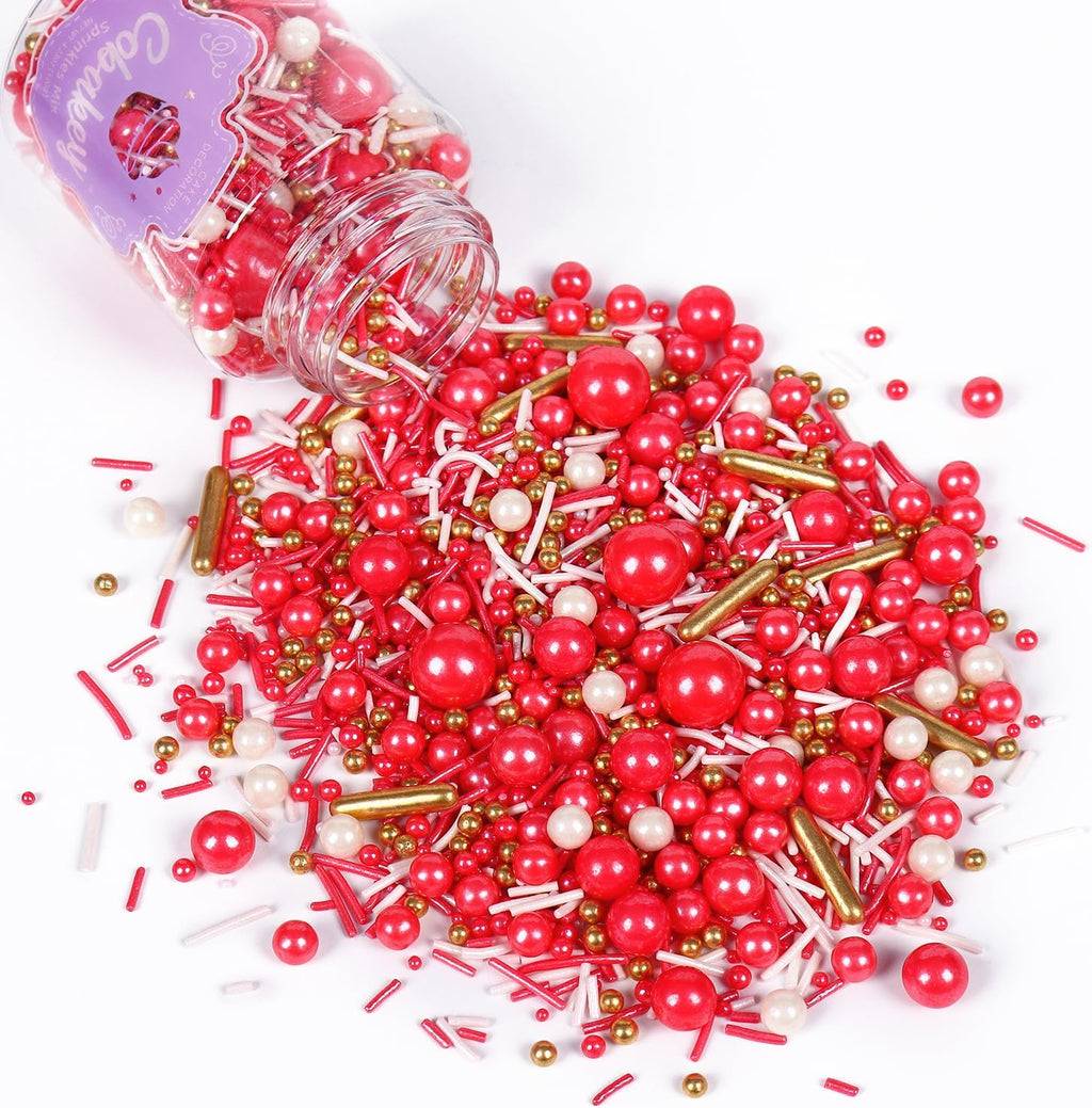 Valentine Red Sprinkles for Cake Decorating Cake Toppings 4.2 Ounce Edible Sugar Pearls Gold Sugar Rod for Cupcake Topper Cookies Ice Cream Toppings for Party Celebrations