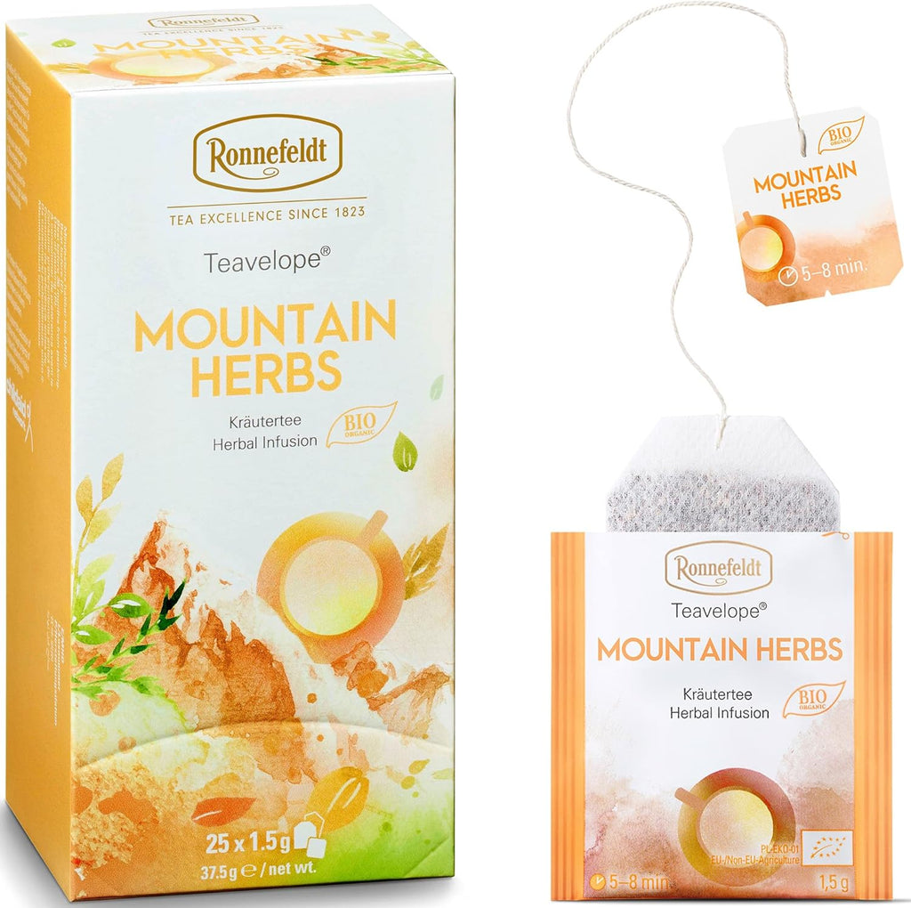 Ronnefeldt Teavelope Mountain Herbs – Naturally Caffeine-Free Herbal Tea with Rooibos, Fennel, Orange Peel & Cinnamon – 25 Individually Wrapped Tea Bags