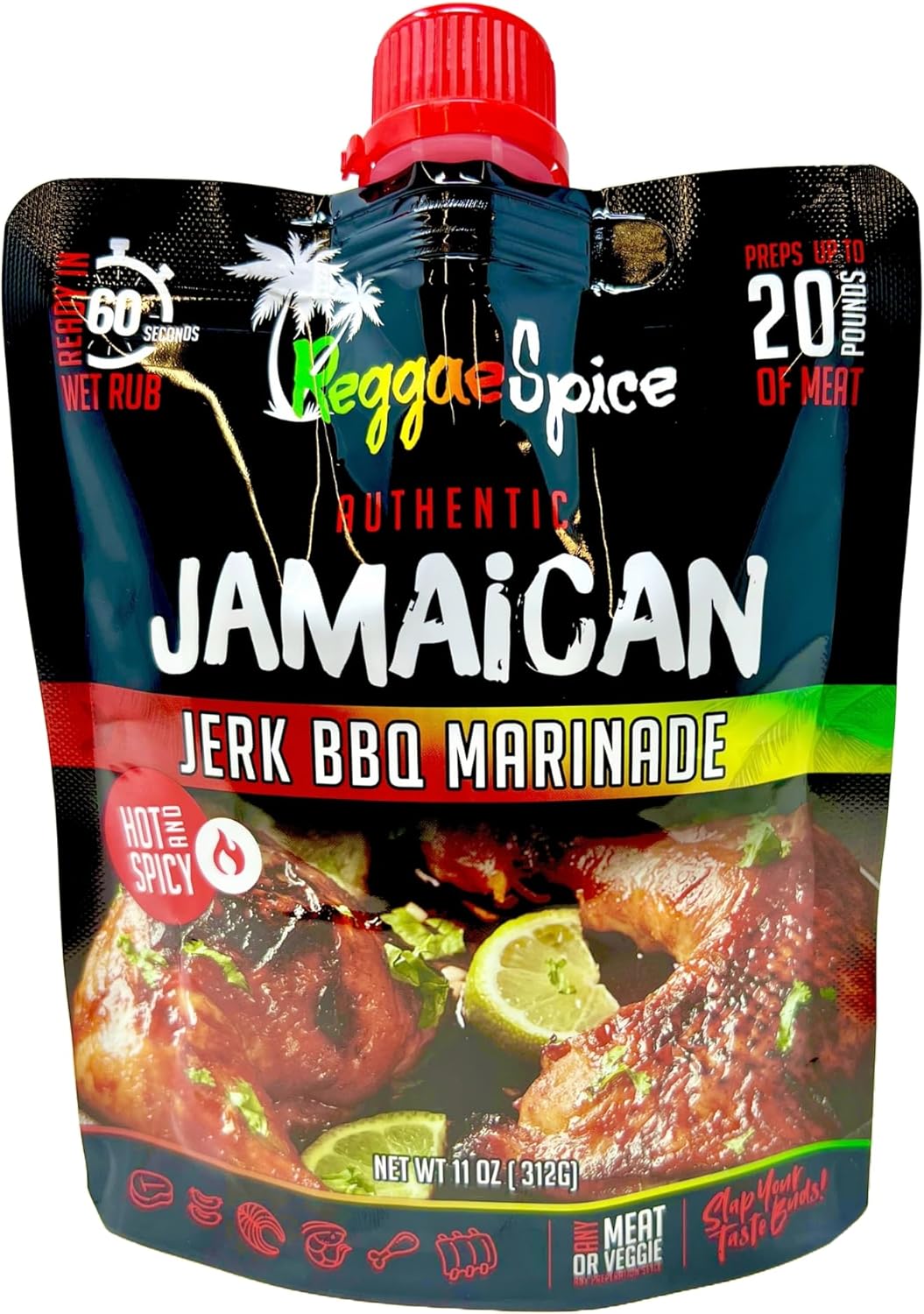 Reggae Spice Jamaican Jerk BBQ Marinade | 60-Second Authentic Wet Rub Seasoning Sauce for Cooking Meats | Gluten Free, Vegan, and Keto Friendly | 11 oz (Hot & Spicy Pouch)