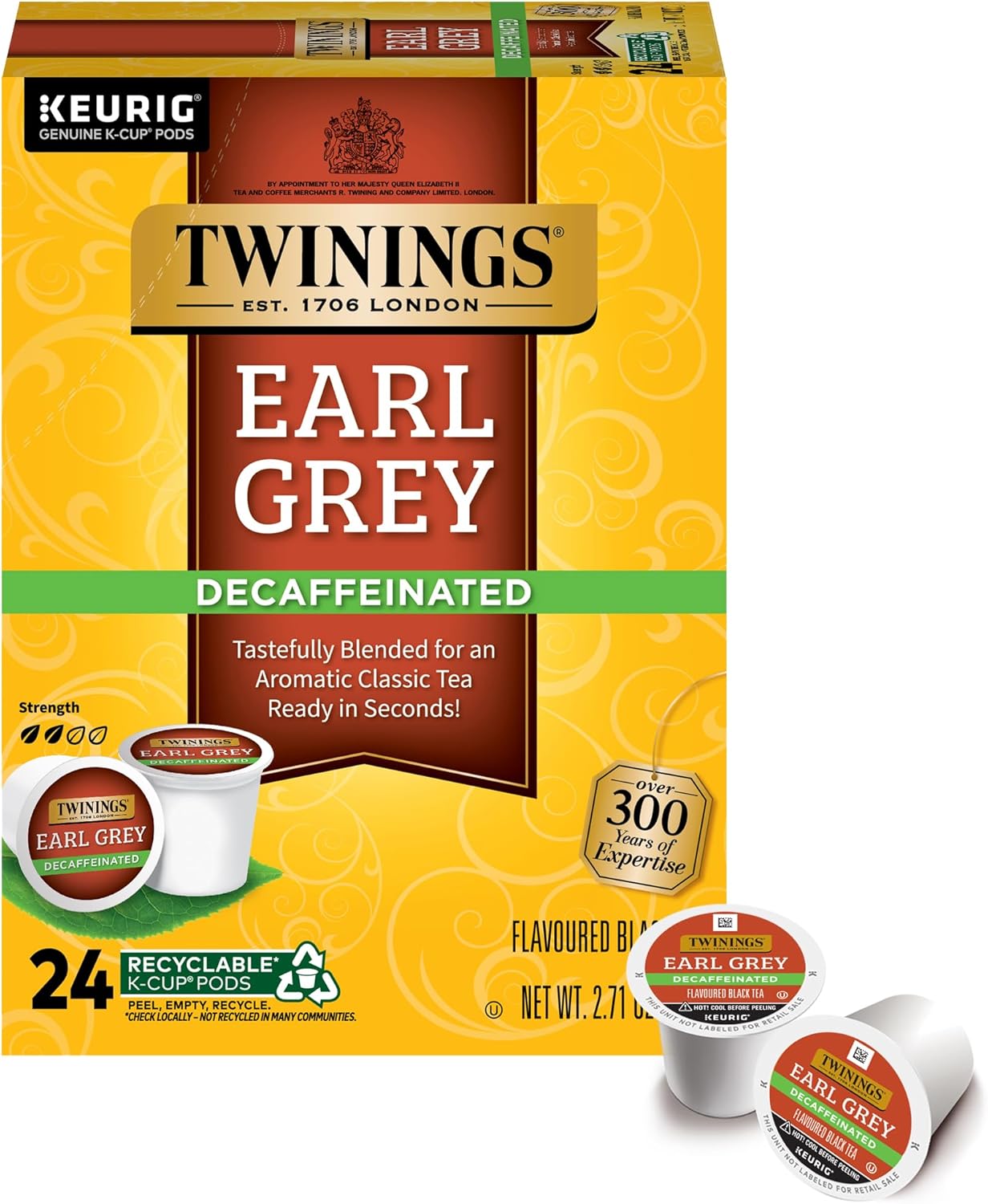 Twinings Decaffeinated Earl Grey Black Tea K-Cup Pods for Keurig, 24 Count (Pack of 1), Flavoured with Citrus and Bergamot, Enjoy Hot or Iced