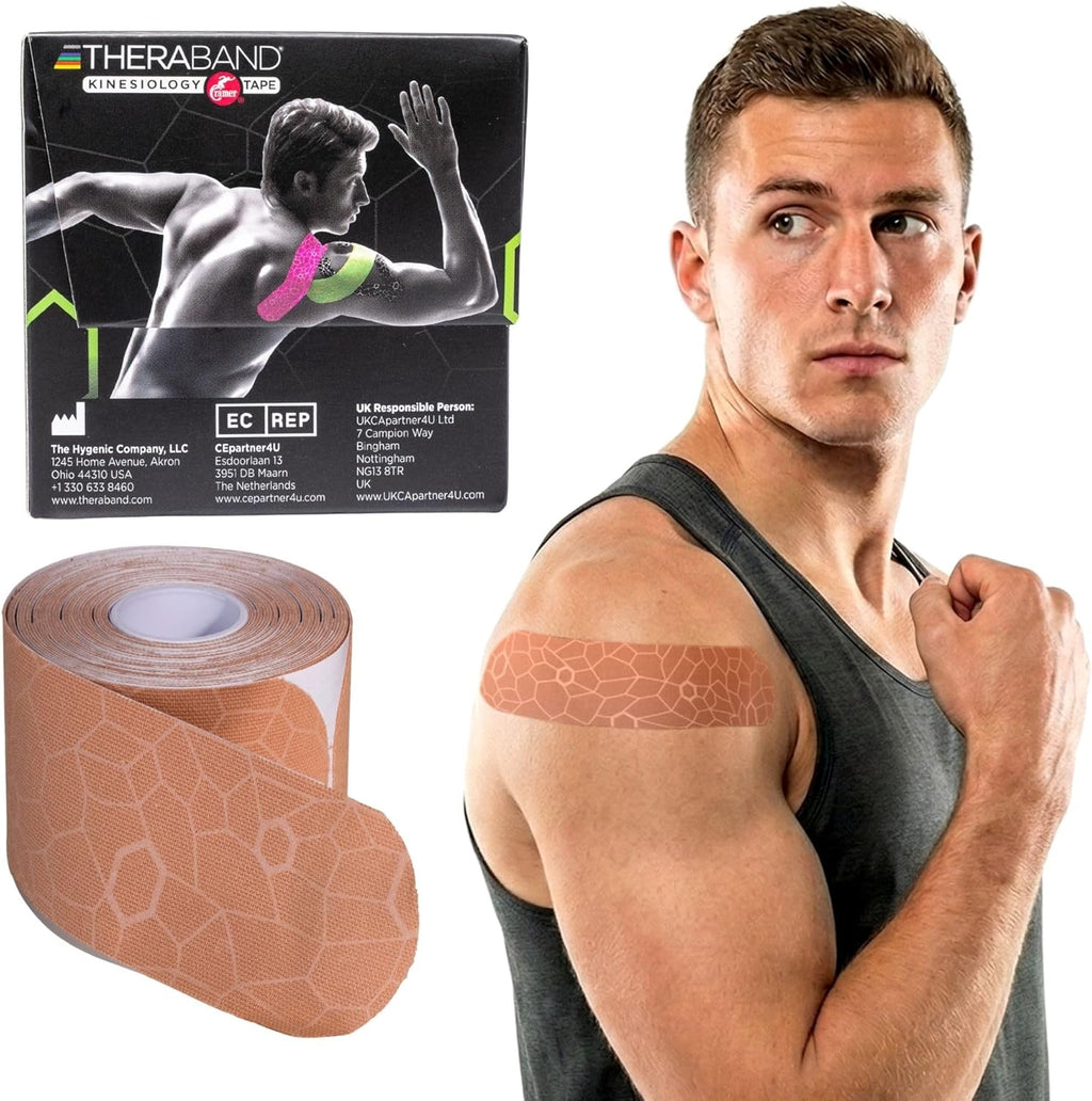 THERABAND Kinesiology Tape, Waterproof Physio Tape for Muscle & Joint Support, Standard Roll with XactStretch Application Indicators, 2" X 10" Strips, 20 Precut Strips, Beige/Beige