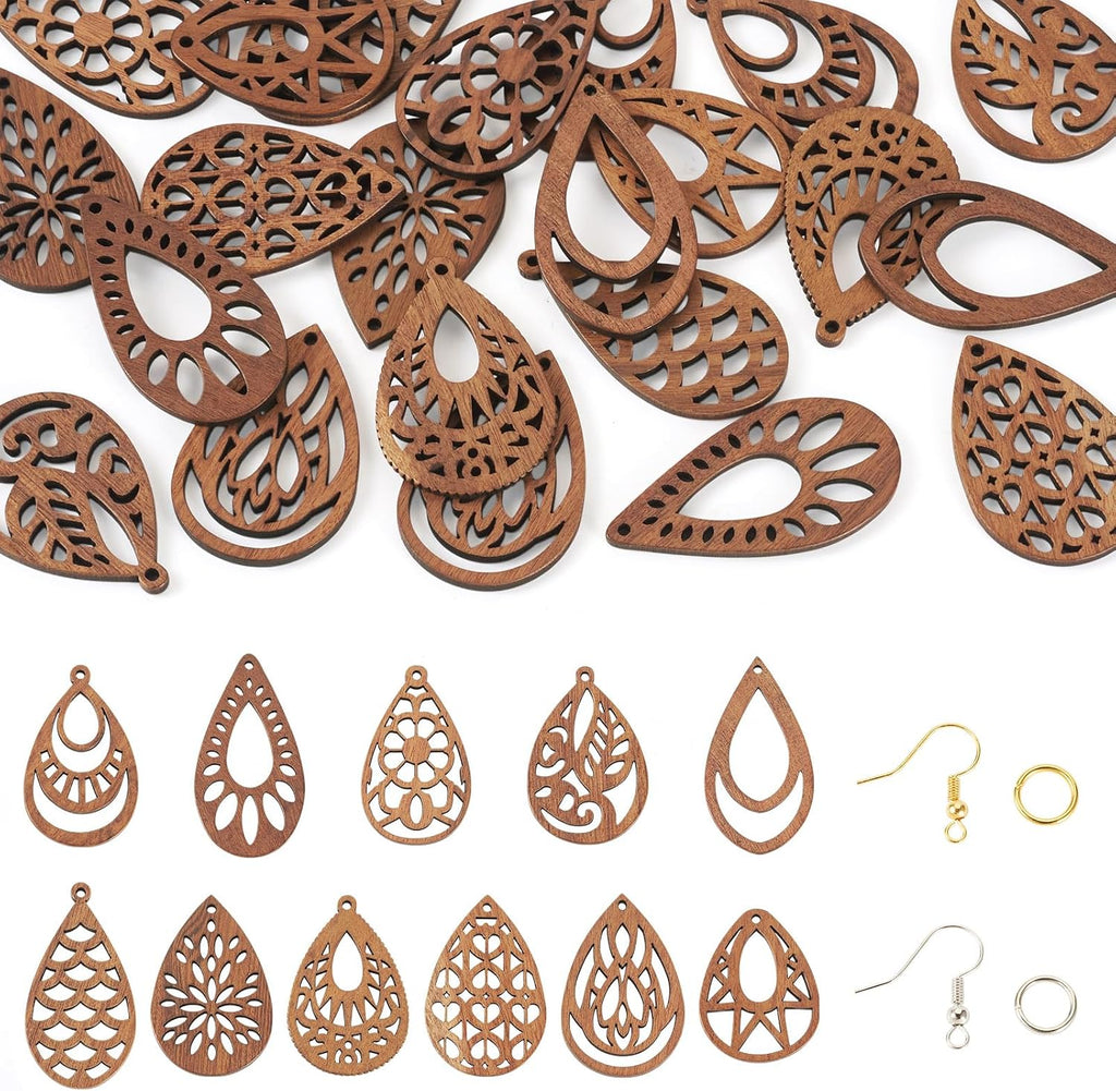 Elecrelive DIY Dangle Earrings Kits 11 Pairs Teardrop Walnut Wood Pendants Natural Wood Earring Blanks with Hooks for DIY Craft Jewelry Making
