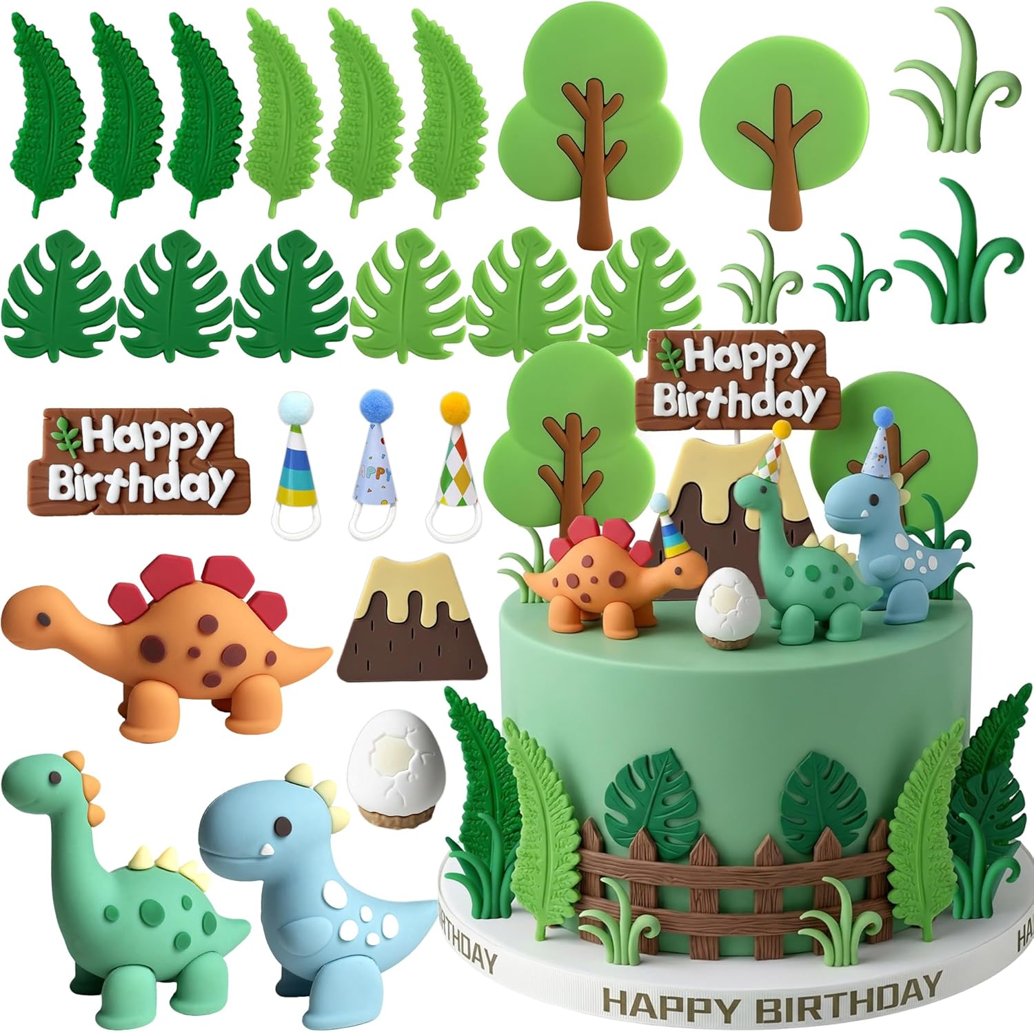 Simpfo-27 PCS Dinosaur Cake Topper, Birthday Decorations Set with Dinosaur Eggs, Jungle Leaves - Reusable Dinosaur Cake Decorations for Kids, Dino Theme Party Supplies for Boys Girls Toddler（Simpfo）