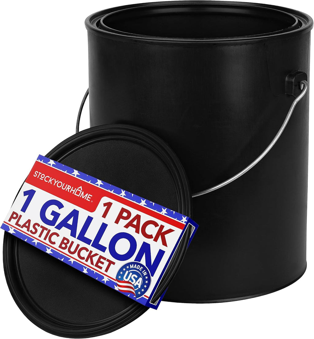 1 Gallon Plastic Paint Bucket (Black) - Triple Lock Airtight Seal - Minimizes Skimming - Rust Proof - Odor & Chemical Resistant - 128 Fl Oz All-Plastic Paint Can with Metal Handle - Stock Your Home