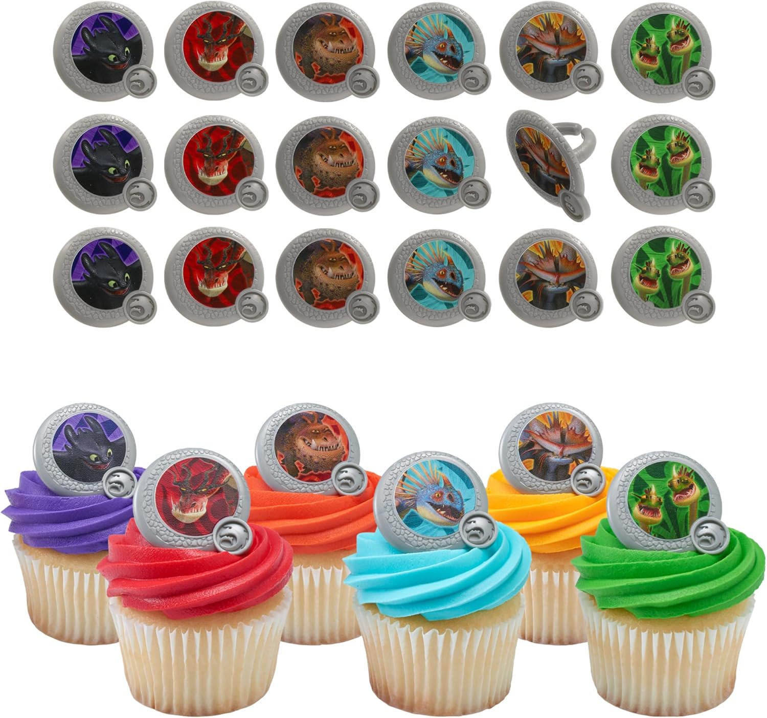 How To Train Your Dragon Rings, 24 Cupcake Toppers, Bright Colorful Dragon Shield Cupcake Decorations, Food Safe - 24 Pack