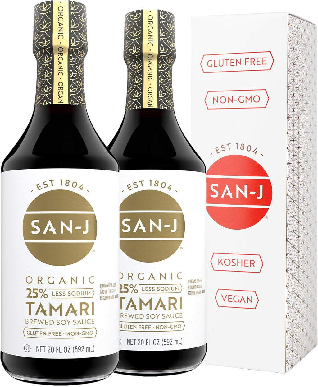San-J - Organic Gluten Free Tamari Soy Sauce with 25% Less Sodium - Specially Brewed - Made with 100% Whole Soy - 20 oz. Bottles - 2 Pack
