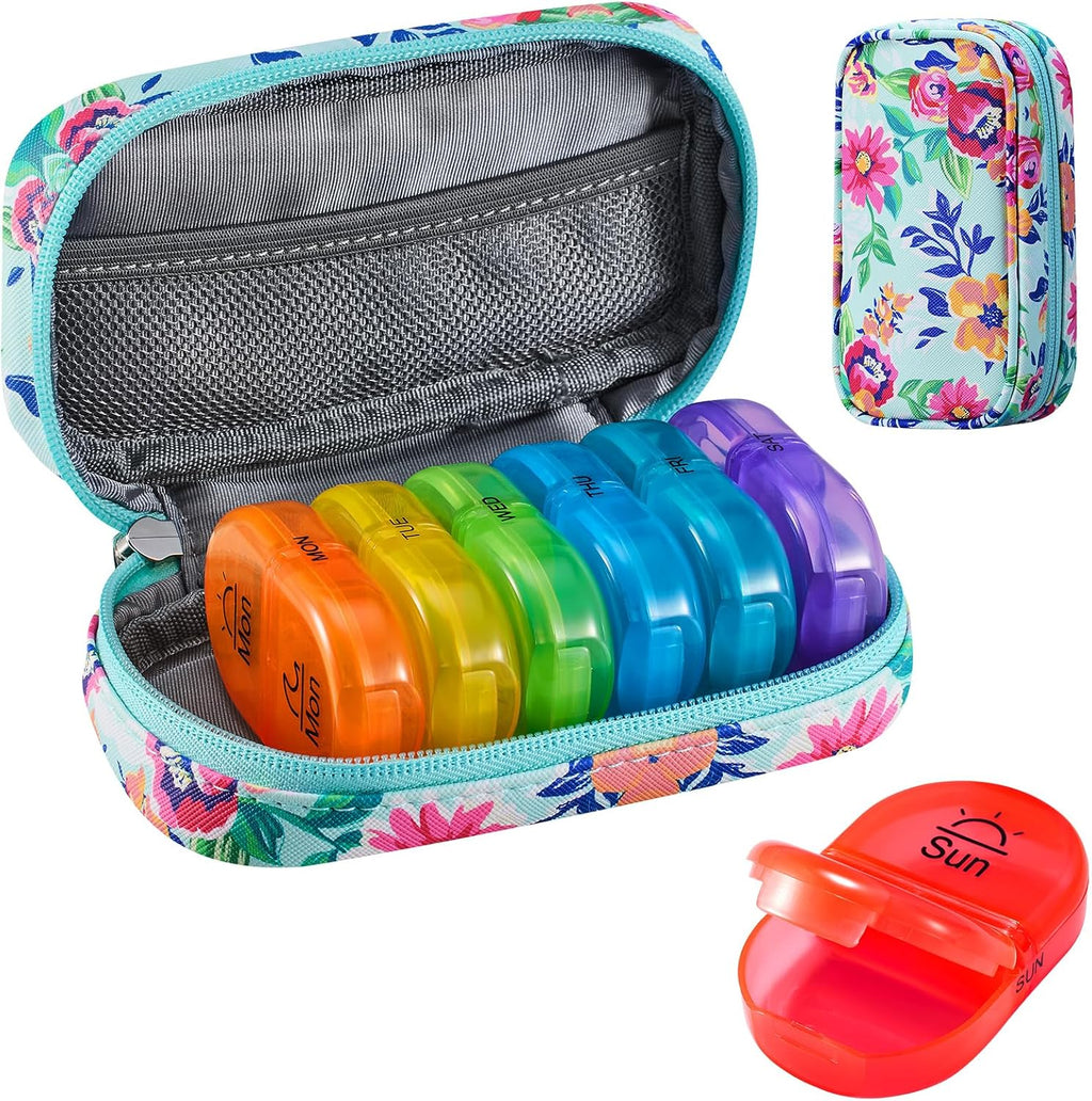 Serfeymi Weekly Travel Pill Organizer 2 Times A Day AM PM Upgraded Rainbow Pill Box 7 Day with Portable Zipper PU Leather Pill Case, Medicine Organizer for Pills, Vitamins, Fish Oils - Green-01