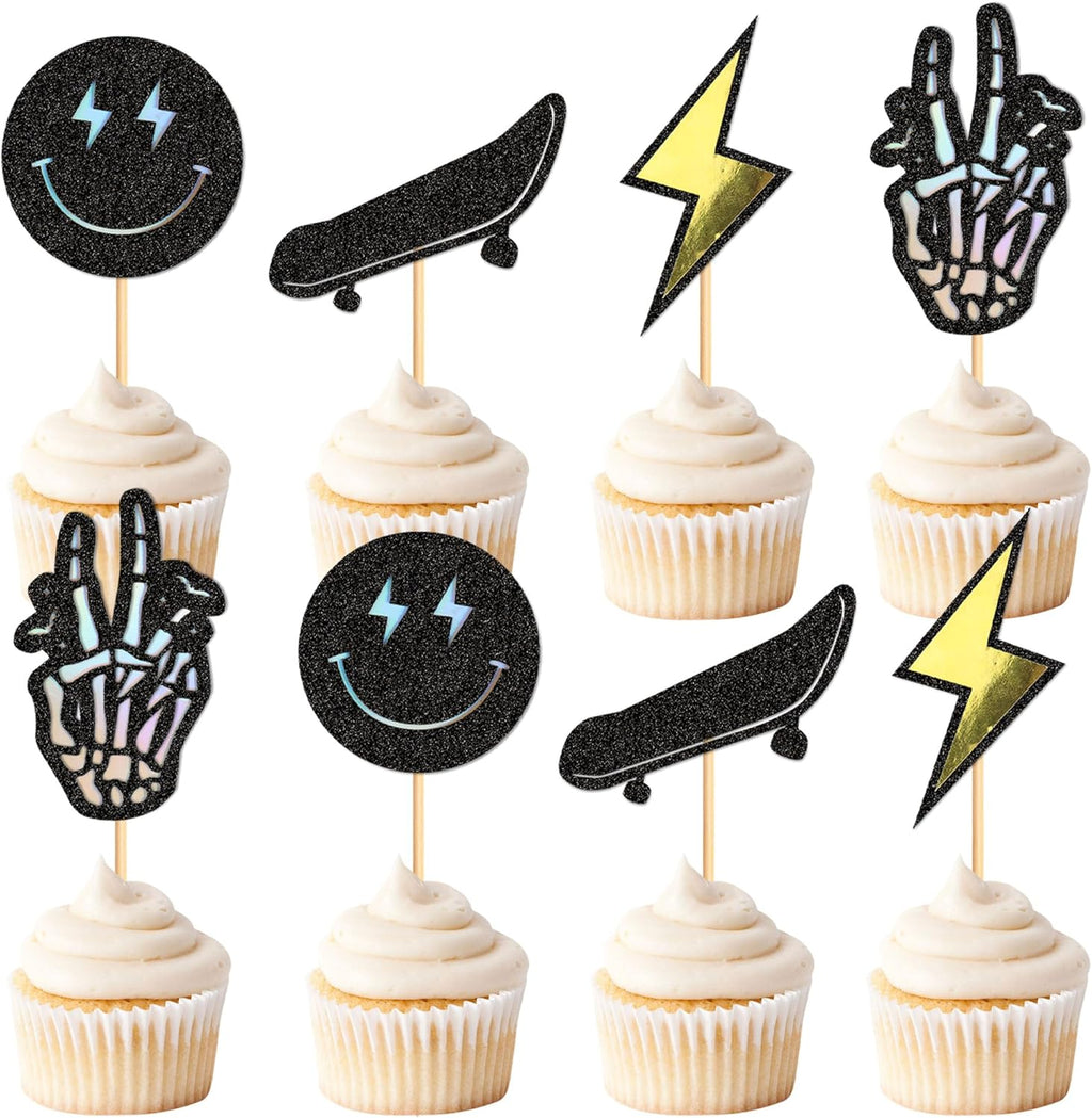 24Pcs One Cool Dude Cake Decorations Smiling Face and Lightning Cupcaketooper Skateboard Inspired Cupcake Toppers SkateboardParty Decorations