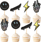 24Pcs One Cool Dude Cake Decorations Smiling Face and Lightning Cupcaketooper Skateboard Inspired Cupcake Toppers SkateboardParty Decorations