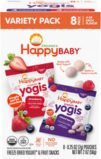 Happy Baby Organics Yogis Freeze-Dried Yogurt and Fruit Snacks, Crawling Baby Snacks, Mixed Berry and Strawberry, Variety Pack, 0.25 oz, 4 Boxes of 8 Pouches (32 Total Pouches)