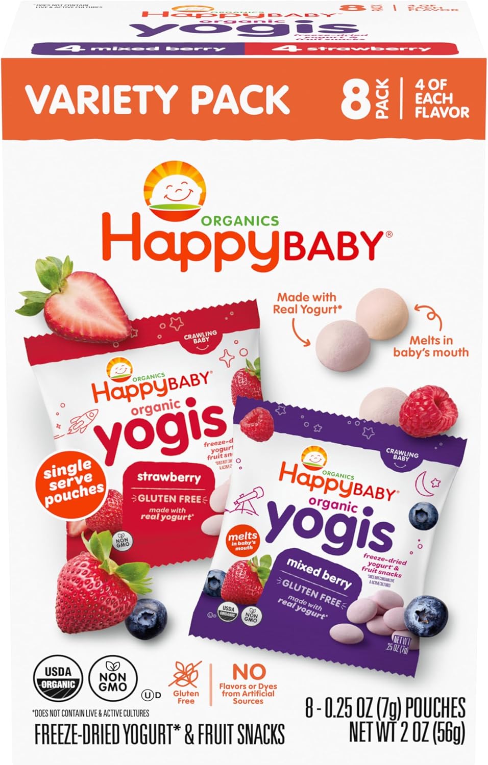 Happy Baby Organics Yogis Freeze-Dried Yogurt and Fruit Snacks, Crawling Baby Snacks, Mixed Berry and Strawberry, Variety Pack, 0.25 oz, 4 Boxes of 8 Pouches (32 Total Pouches)