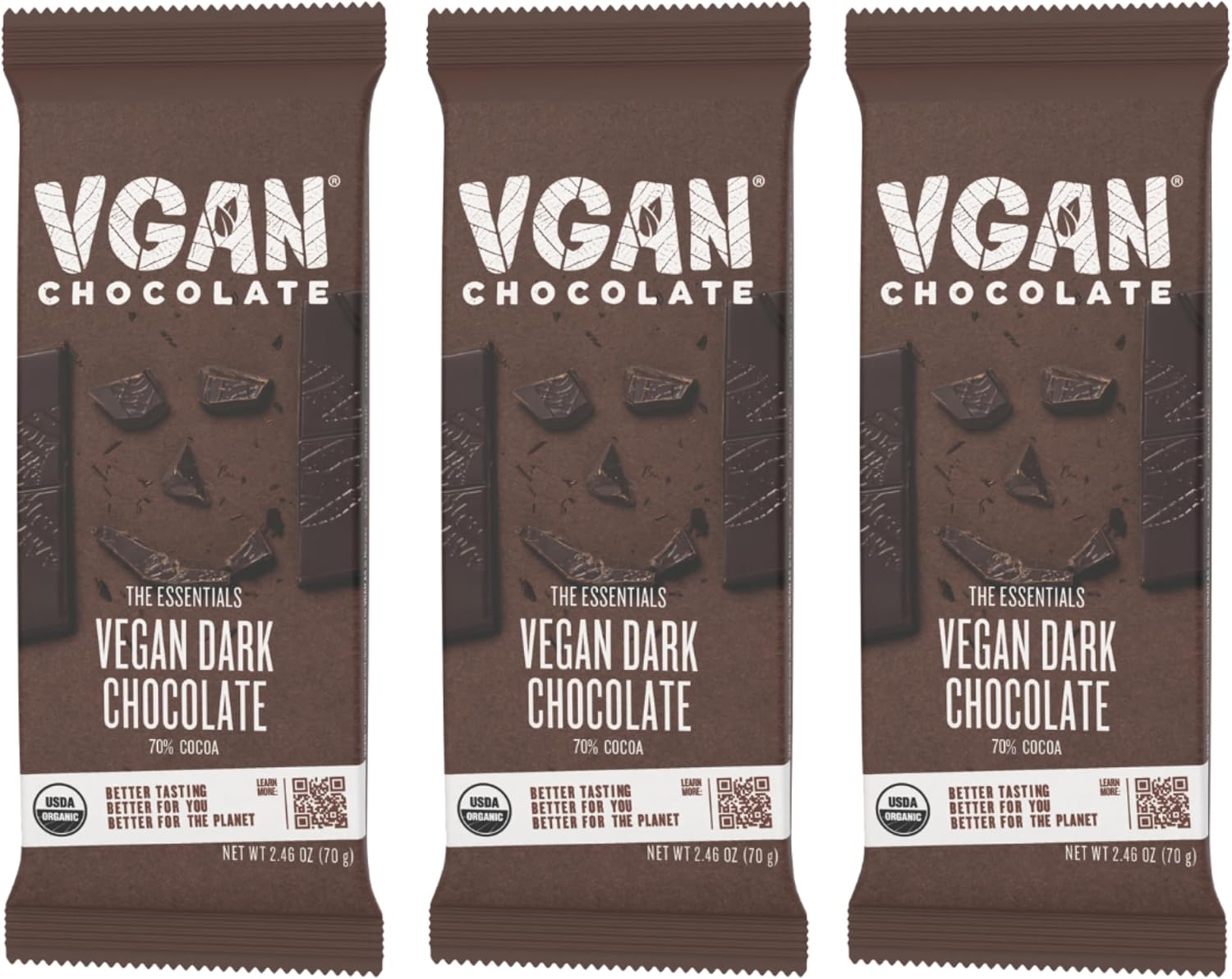 VGAN Vegan Chocolate Bars, Gluten Free Snacks, Plant Based, Soy and Dairy Free, Organic Ingredients, Cruelty Free, Kosher, and Non GMO, Dark Chocolate, 3 Pack