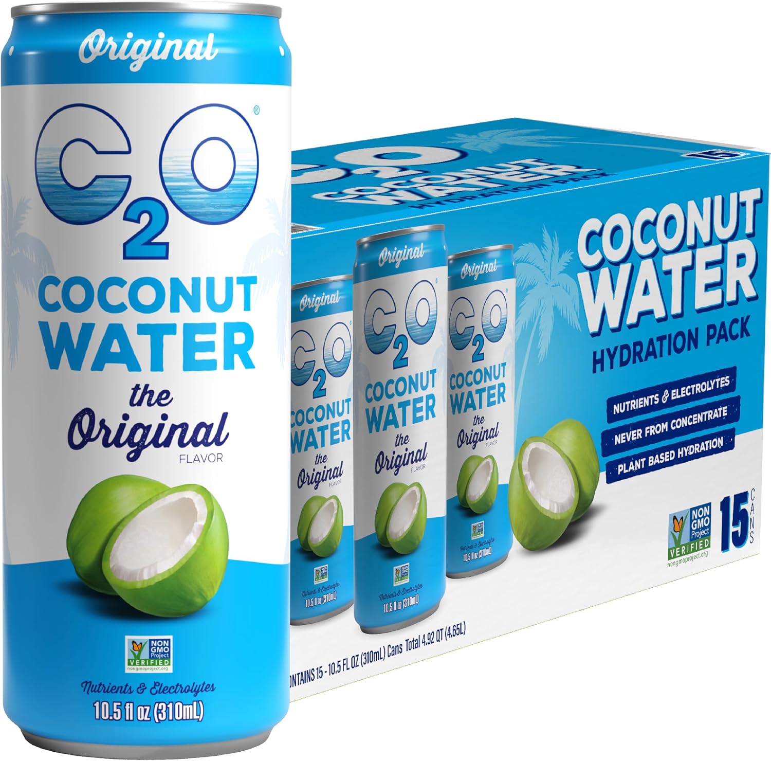C2O - Coconut Water, The Original Flavor (15 Pack) - Made with Fresh Coconut Water - Plant Based - Non GMO - Canned Water - Natural Hydration, Electrolytes, & Potassium - 15 Cans, 10.5 FL OZ