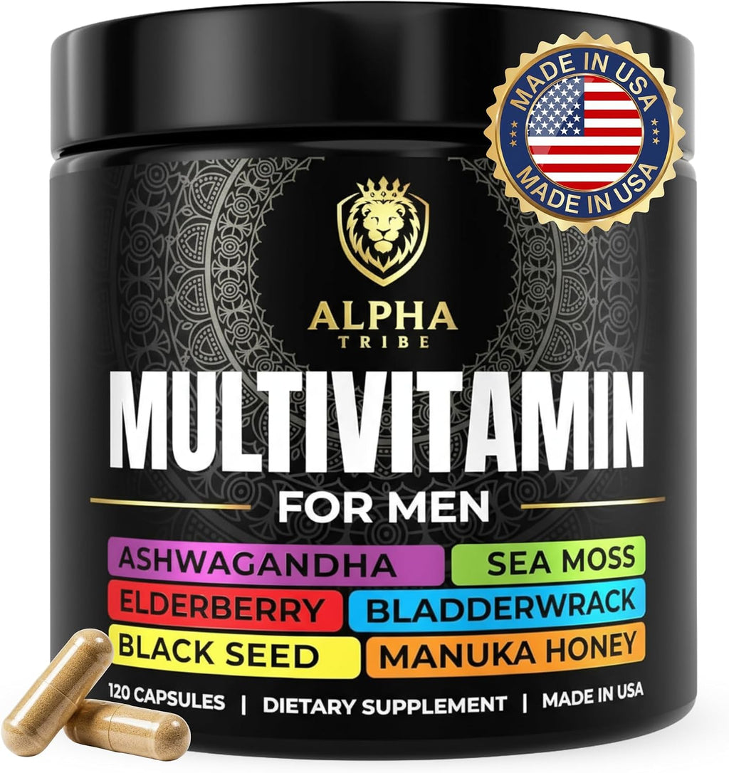 Alpha Tribe Multivitamin for Men with Sea Moss, Black Seed Oil, Ashwagandha, Turmeric Bladderwrack, Burdock,Vitamin C, Elderberry, Manuka, Yellow Dock | Daily Men's Vitamins and Minerals Supplement
