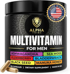 Alpha Tribe Multivitamin for Men with Sea Moss, Black Seed Oil, Ashwagandha, Turmeric Bladderwrack, Burdock,Vitamin C, Elderberry, Manuka, Yellow Dock | Daily Men's Vitamins and Minerals Supplement