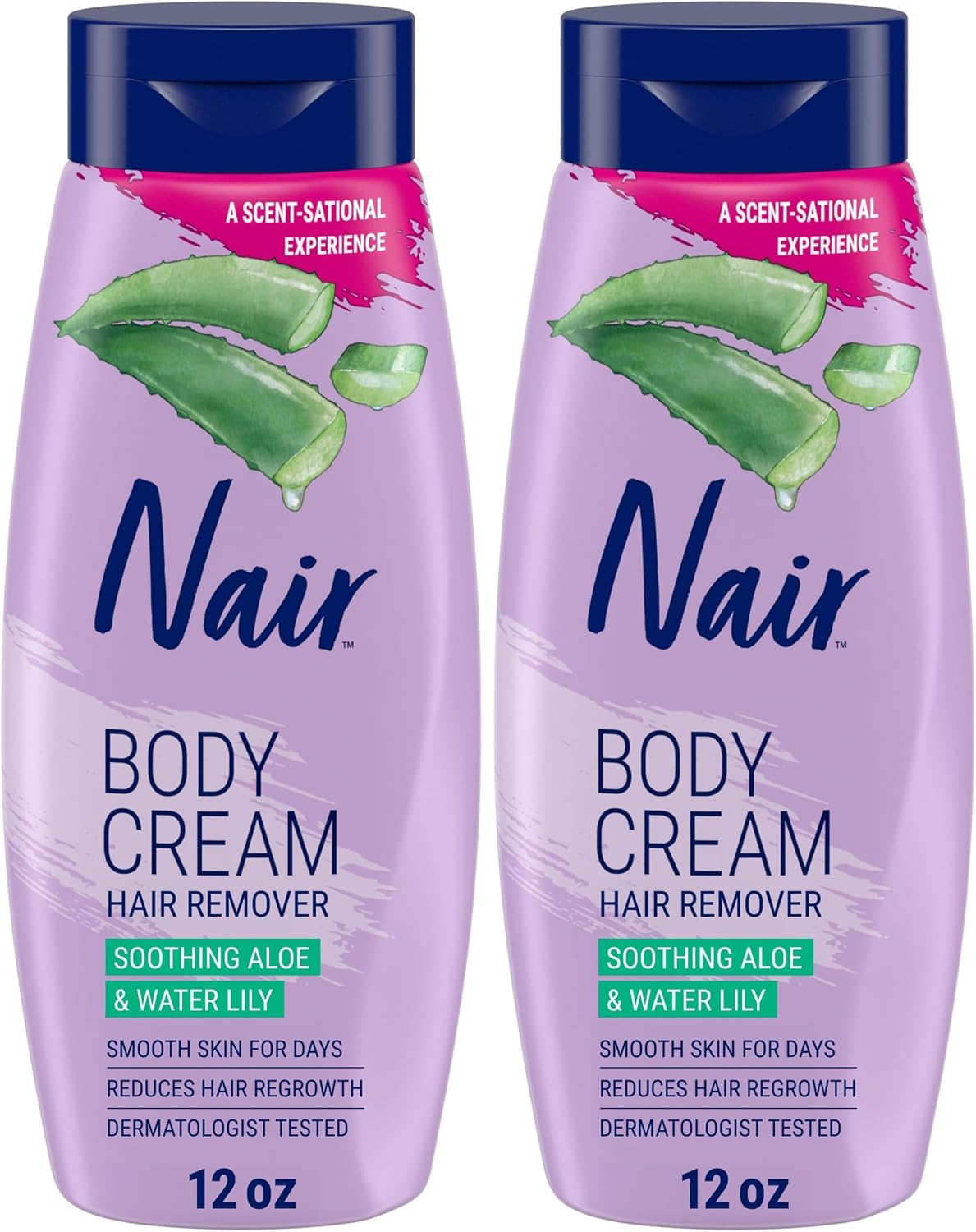 Nair Body Cream Hair Remover, Soothing Aloe and Water Lily, Dermatologist Tested Body Hair Removal Cream, with Evolved Ingredients, 12 Oz (Pack of 2)