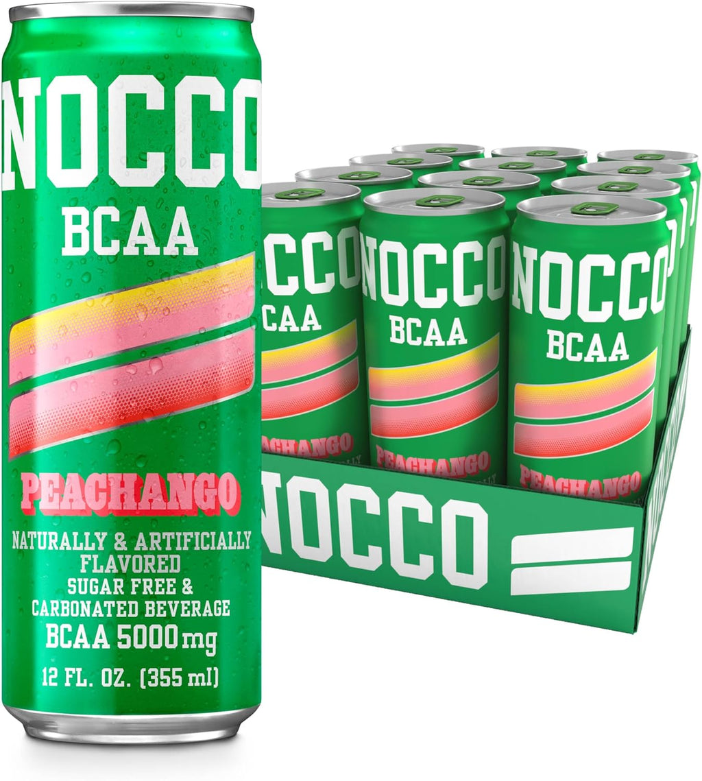 NOCCO BCAA Drink Peachango - 12 Fl Oz (Pack of 12) - 0mg of Caffeine, 5000mg of BCAAs – Sugar & Caffeine Free Low Calorie Carbonated Drink with Vitamin B6, B12, Biotin - Grab & Go Performance Drink