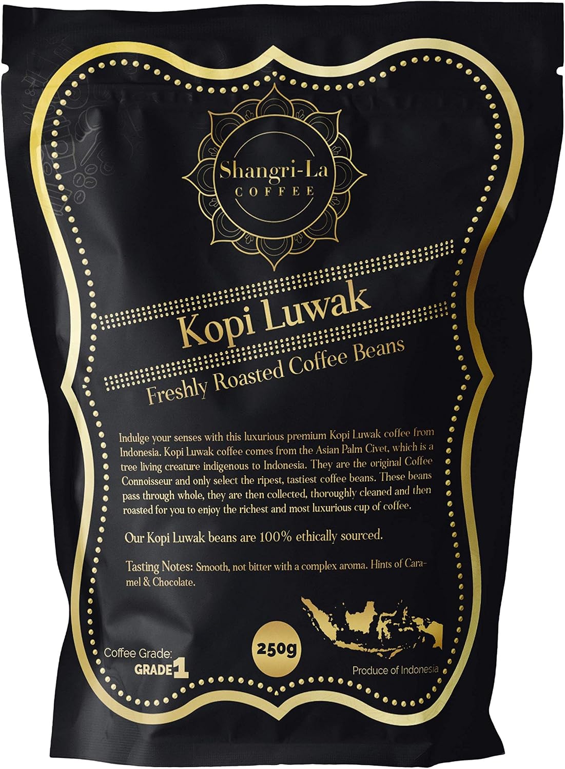 Shangri-La Coffee - Wild Kopi Luwak Coffee Whole Beans - Ethically Sourced - 250 Grams (8.8oz) (Other Weights & Bean Types Available) - Produce of Indonesia