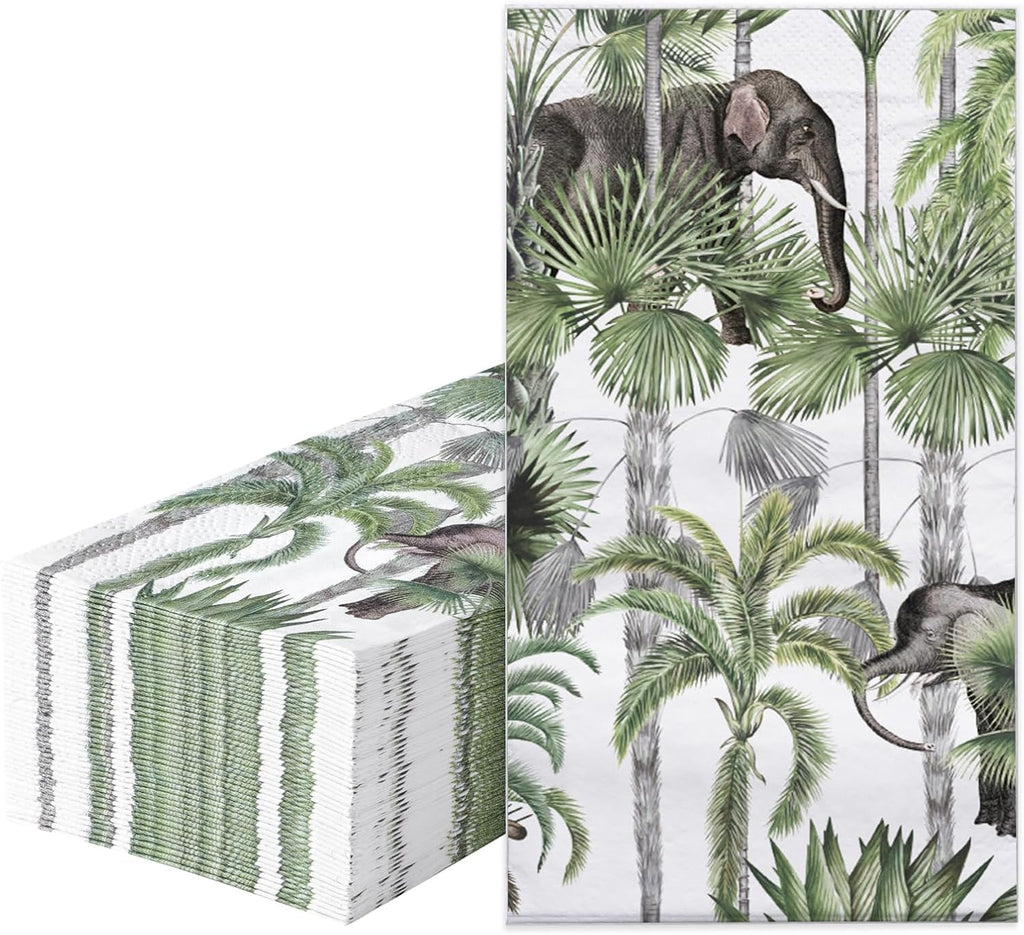 RUSPEPA Decorative Paper Hand Towels Jungle Elephant Disposable Napkins for Bathroom, Guest Room and Kitchen, 3 Ply 4.3" x 7.5" Folded Seasonal Dinner Decorative for Wedding, Baby Shower, 50 Packs