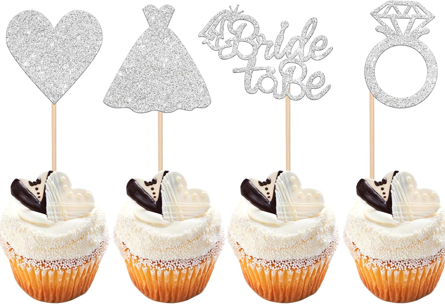 24 PCS Bride to Be Cupcake Toppers with Heart Ring Dress Bridal Shower Cupcake Picks Wedding Engagement Bachelorette Party Cake Decorations Supplies Silver