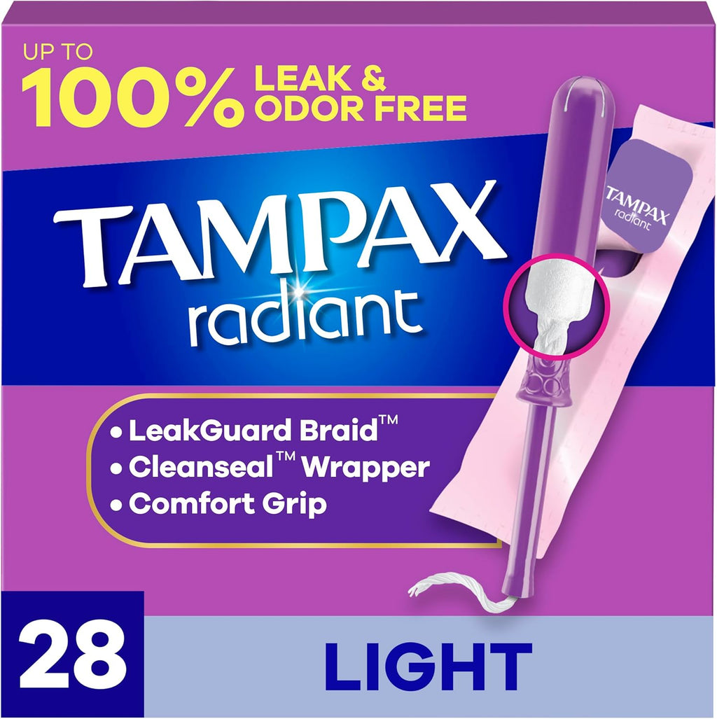 Tampax Radiant Tampons Light Absorbency with BPA-Free Plastic Applicator and LeakGuard Braid, Unscented, 28 Count