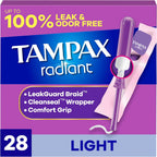 Tampax Radiant Tampons Light Absorbency with BPA-Free Plastic Applicator and LeakGuard Braid, Unscented, 28 Count