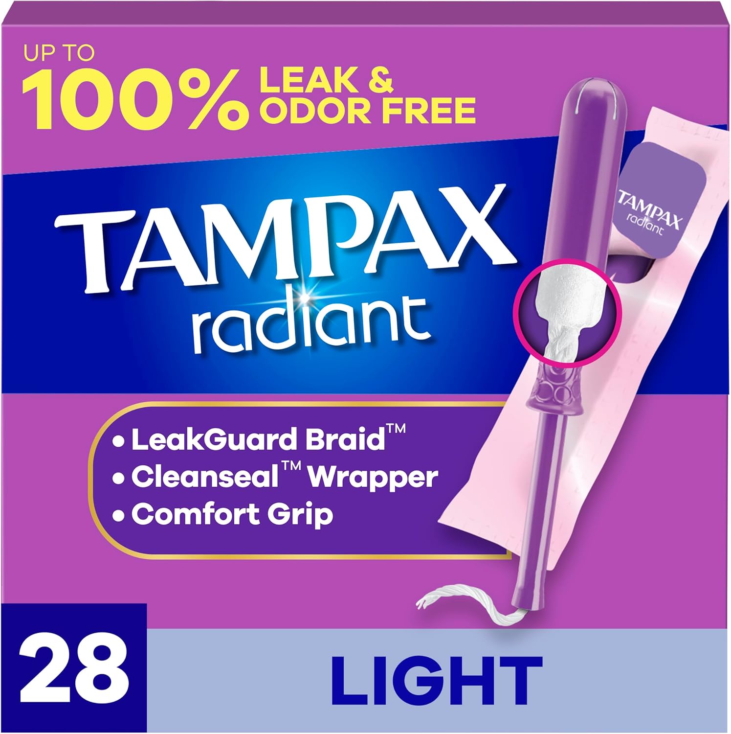 Tampax Radiant Tampons Light Absorbency with BPA-Free Plastic Applicator and LeakGuard Braid, Unscented, 28 Count