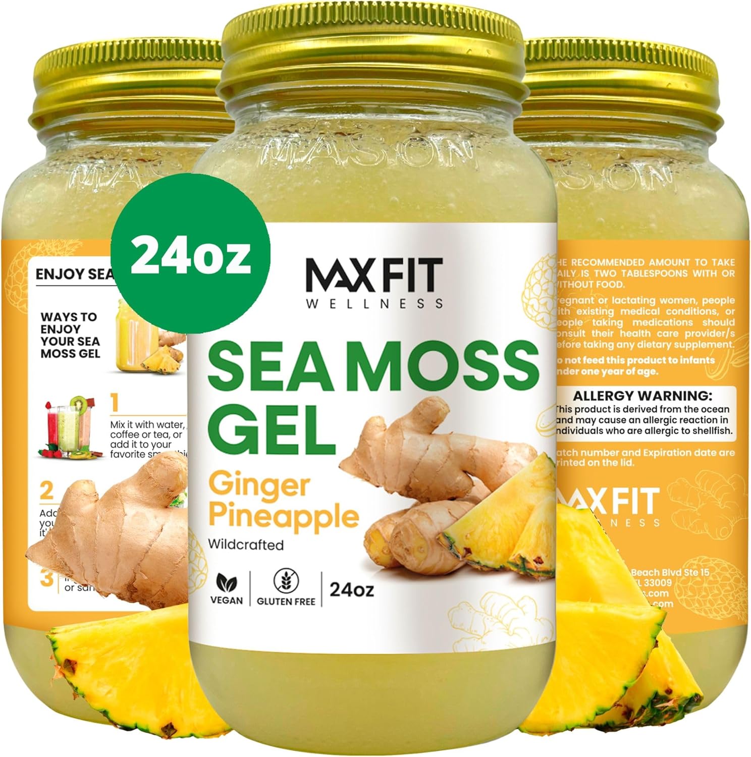 Sea Moss Gel Organic Raw (Bundles) Various Flavors Wildсrafted Gold Sea Moss Gel | 92 Vitamins and Minerals | Pure Raw+Non-GMO | Vegan Superfood (1 jar 24oz, Ginger Pineapple)