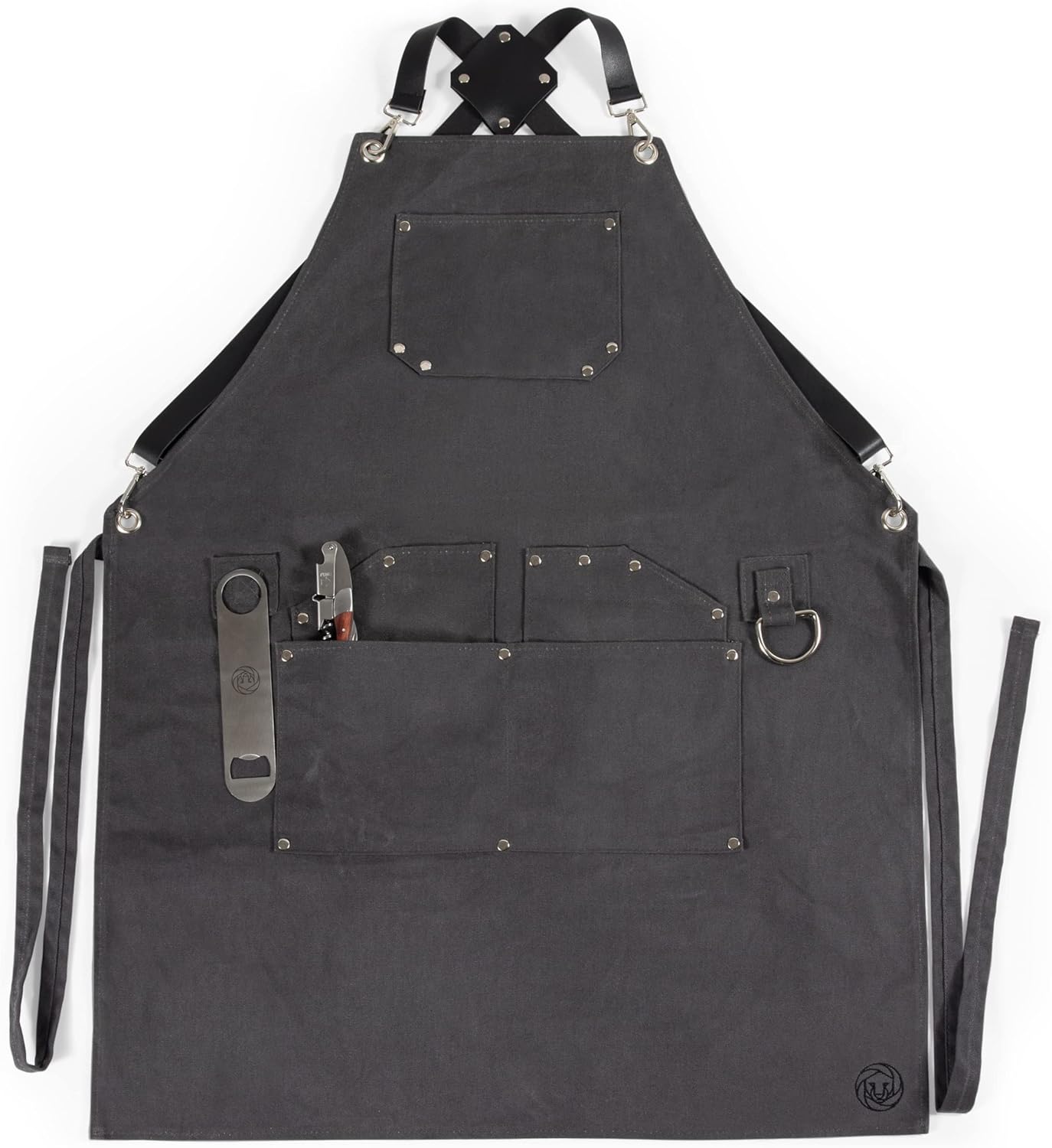 PICNIC TIME Collins Mixologist Apron Made in Black Waxed Canvas Vegan Leather with Corkscrew and Bottle Opener, Features Numerous Pockets and Folds to Easy-to-Carry Tote (Gray with Black Accents)