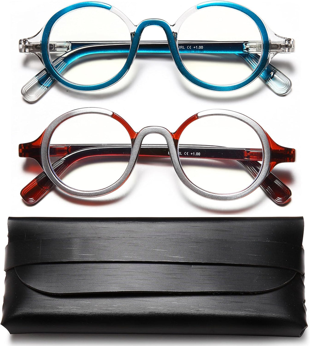 Retro Round Reading Glasses for Men and Women, Stylish Color Frame Design, Blue Light Blocking, Spring Hinges, Anti Eye Strain Computer Readers, 1.5