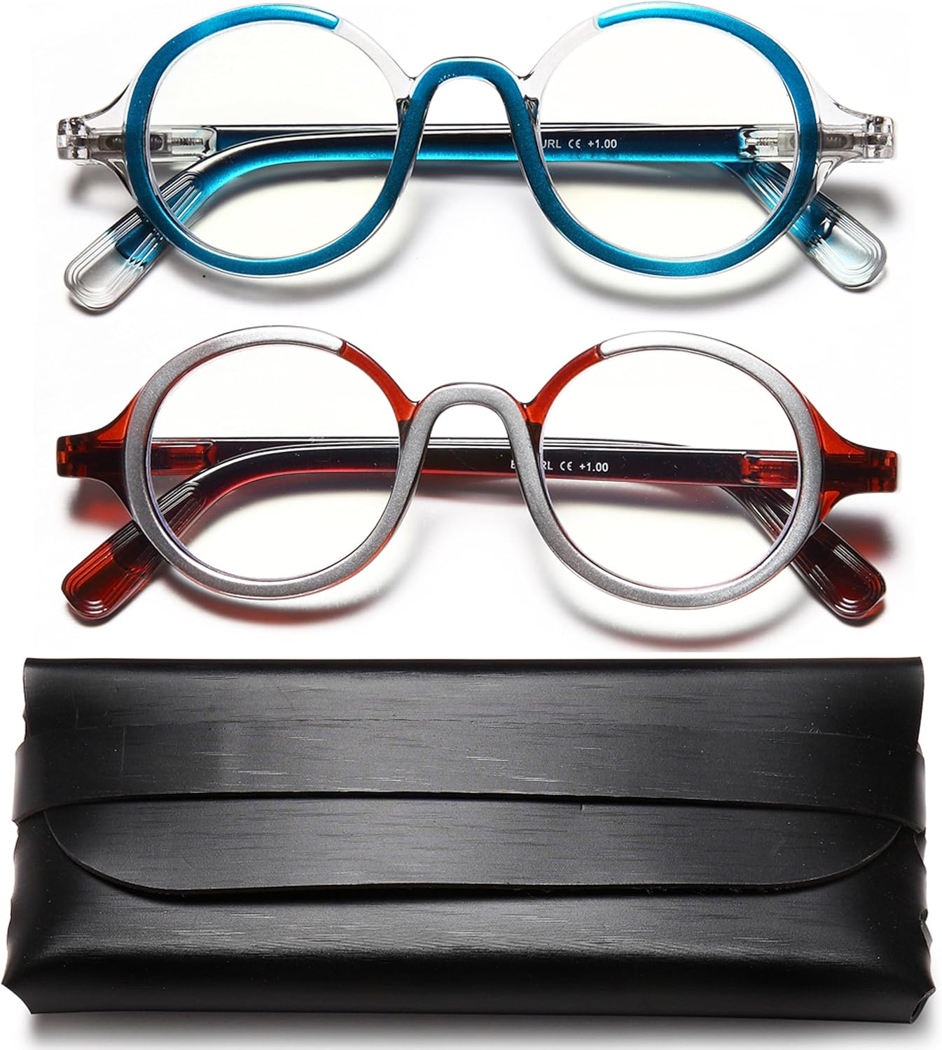 Retro Round Reading Glasses for Men and Women, Stylish Color Frame Design, Blue Light Blocking, Spring Hinges, Anti Eye Strain Computer Readers, 1.0