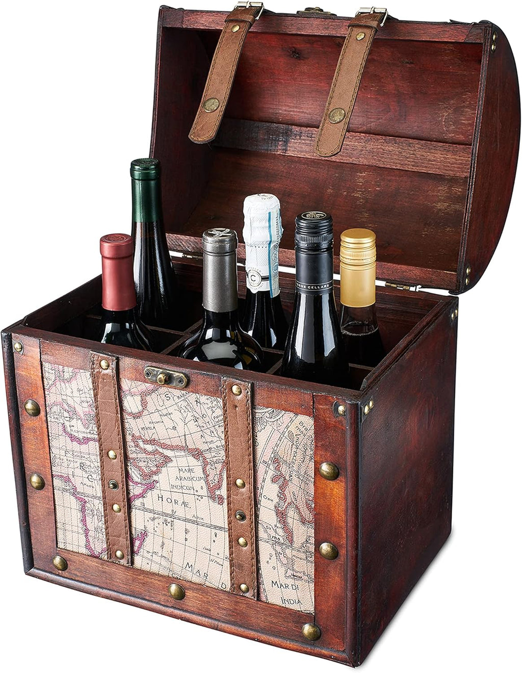 Twine Old World 6 Wooden Wine Bottle Gift Box - Wine Decorative Storage Box with Lid and Handle, Wine Accessory Sets, Wood, Faux Leather in Antique Map Design Liquor Gift Box
