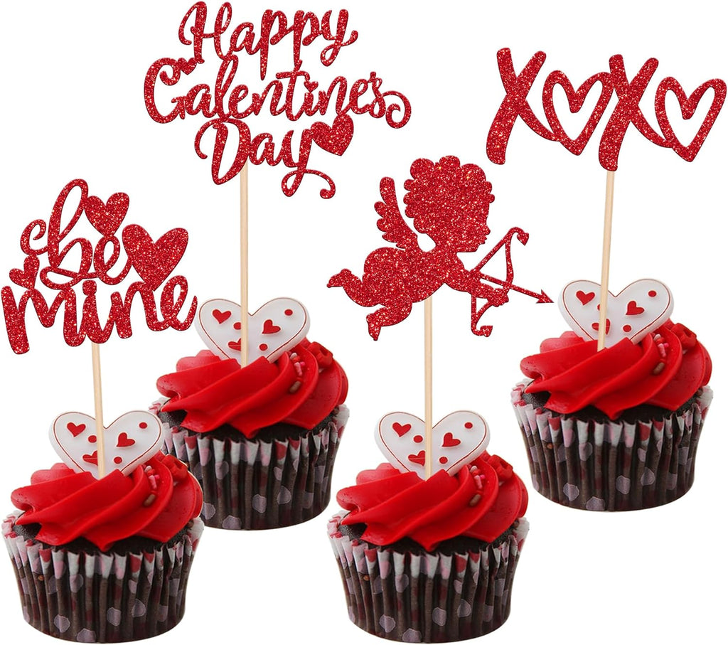 Rsstarxi 24 Pack Happy Galentine's Day Cupcake Toppers Glitter Be Mine Cupid XOXO Valentines Day Cupcake Picks Decoration for Valentine's Day Wedding Bridal Shower Party Cake Decorations Red