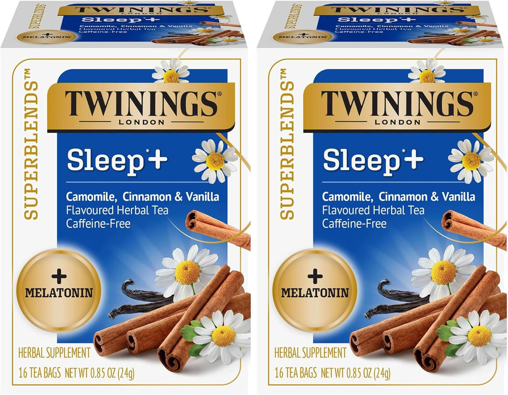 Twinings Superblends Sleep+ Herbal Tea with 1mg Melatonin Camomile, Cinnamon & Vanilla, Naturally Caffeine-Free, Enjoy Hot or Iced, 16 Tea Bags (Pack of 2)