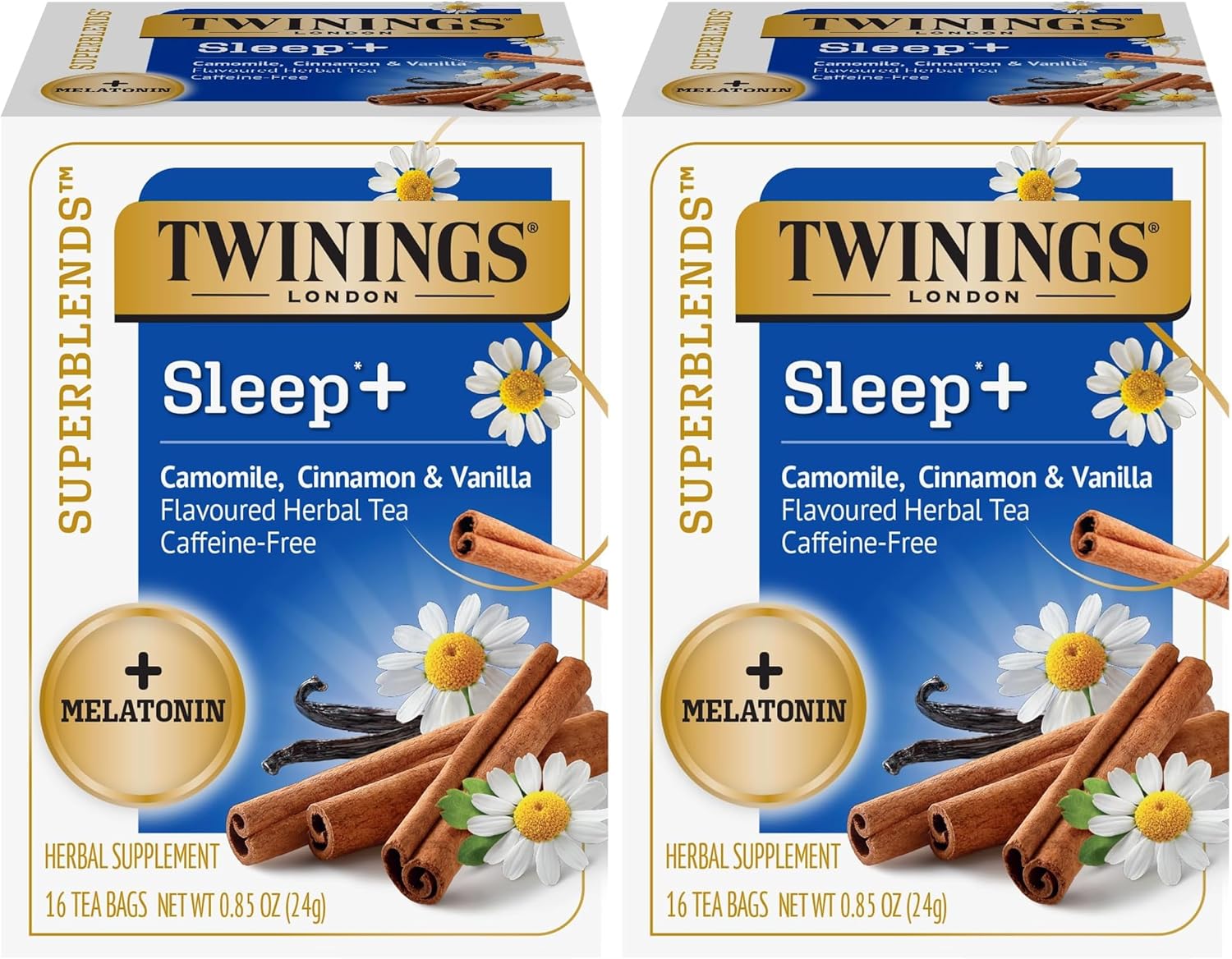 Twinings Superblends Sleep+ Herbal Tea with 1mg Melatonin Camomile, Cinnamon & Vanilla, Naturally Caffeine-Free, Enjoy Hot or Iced,16 Tea Bags (Pack of 2)