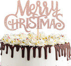 1 Pack Rose Gold Merry Christmas Cake Topper Glitter Holiday Cake Pick Xmas Theme Birthday Party Cake Decorations