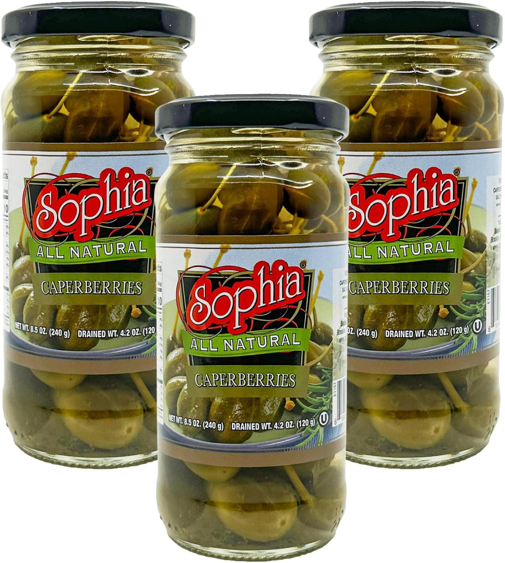 Sophia Caperberries in Brine, 8 oz Jars – Mediterranean Capers, Gourmet Antipasto, Perfect for Cocktails, Charcuterie & Mediterranean Cooking (3-pack)