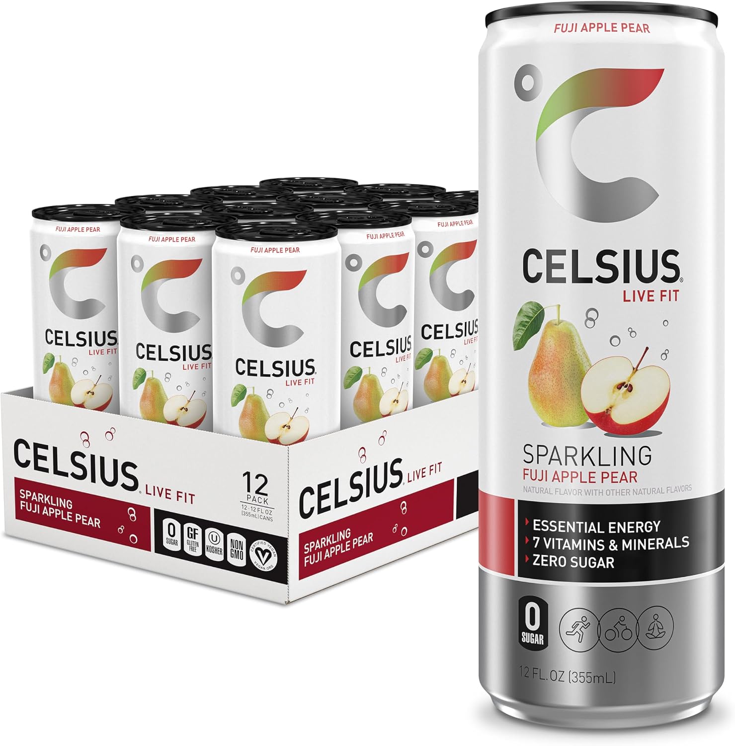 CELSIUS Sparkling Fuji Apple Pear, Sugar Free Energy Drink, 12 Fl Oz (Pack of 12)