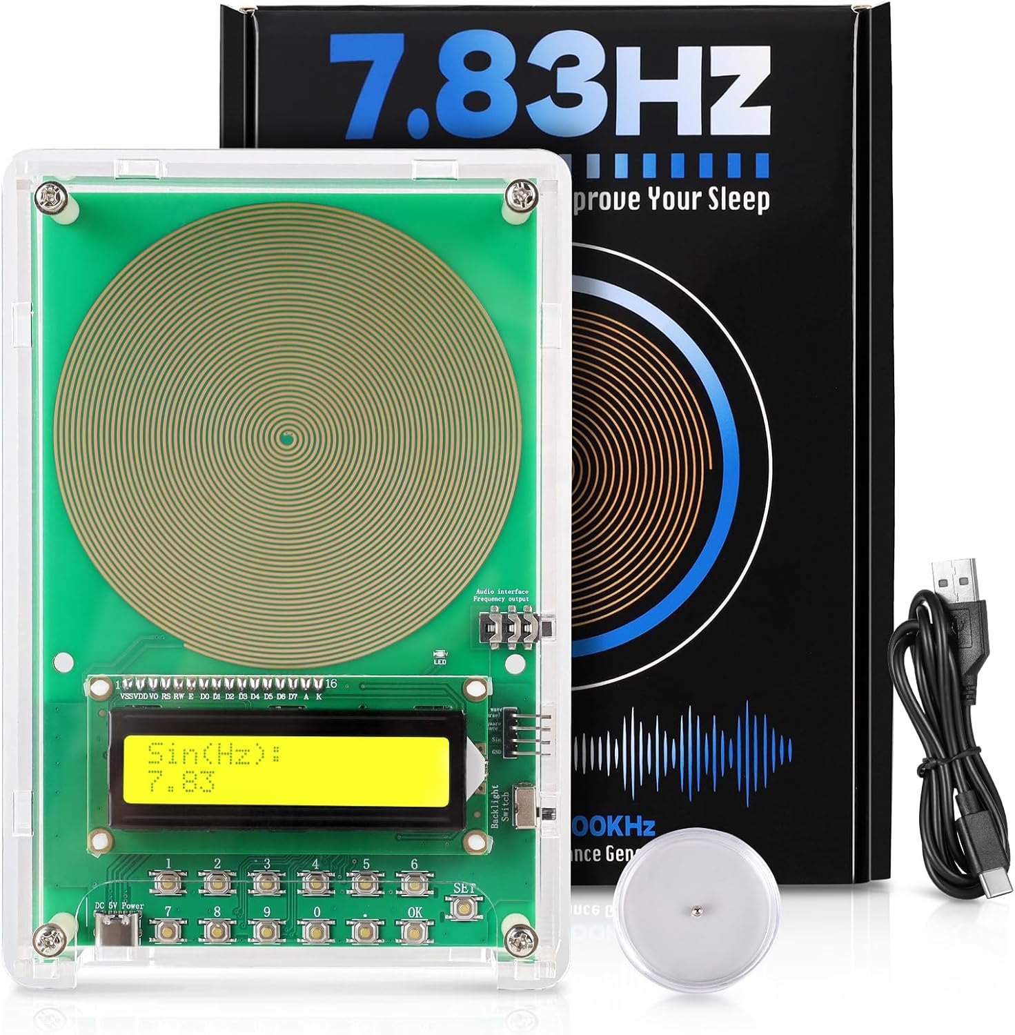 0.01Hz-200kHz Adjustable Frequency Generator for Healing Schumann Sine Waves Resonance Generator 7.83Hz Ultra Low Frequency Generator Resonator with Acrylic Case