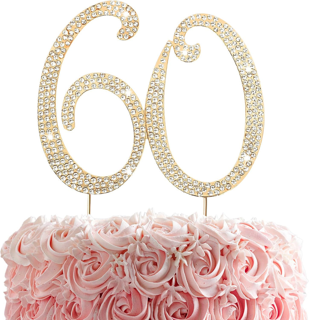 60th Rhinestones Cake Topper, Gold 60th Birthday Cake Decoration, Adult Ceremony or Anniversary Party Decor Ideal Perfect Keepsake
