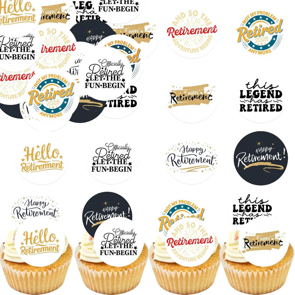 36PCS Edible Happy Retirement Cupcake Toppers Wafer Paper Officially Retired Cupcake Toppers Edible Farewell We will Miss You Cupcake Picks for Retirement Theme Party Decoration Supplies