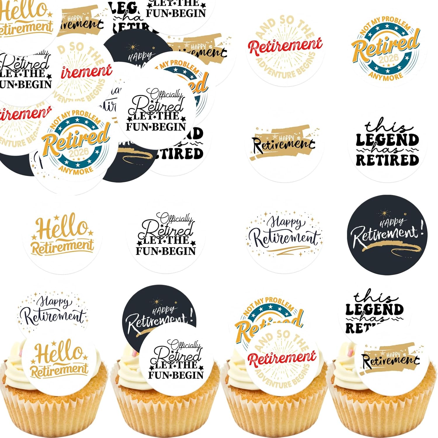 36PCS Edible Happy Retirement Cupcake Toppers Wafer Paper Officially Retired Cupcake Toppers Edible Farewell We will Miss You Cupcake Picks for Retirement Theme Party Decoration Supplies