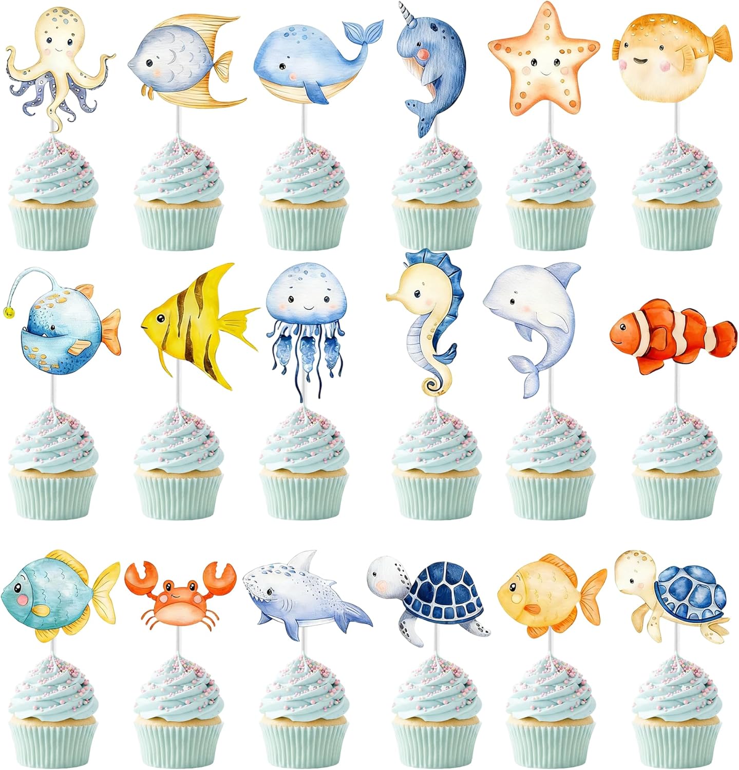 36 PCS Ocean Animal Cupcake Toppers Sea Under Party Cupcake Decoration for Baby Shower Birthday Party Cartoon Cake Decor Supplies