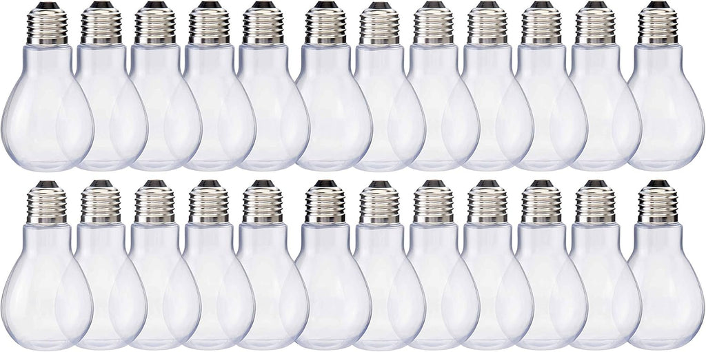 Fillable Light Bulb Containers, 24 Pack – Clear Plastic Candy Jars, Party Favors, Decorative Centerpieces, Arts and Crafts Supplies - Twist Off Cap, Freestanding Bottom, 4” Tall