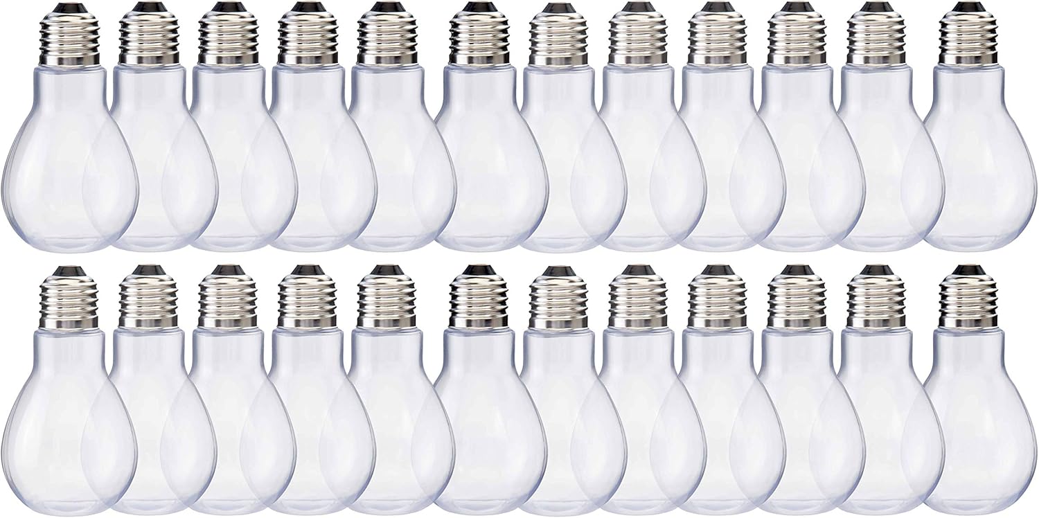 Fillable Light Bulb Containers, 24 Pack – Clear Plastic Candy Jars, Party Favors, Decorative Centerpieces, Arts and Crafts Supplies - Twist Off Cap, Freestanding Bottom, 4” Tall