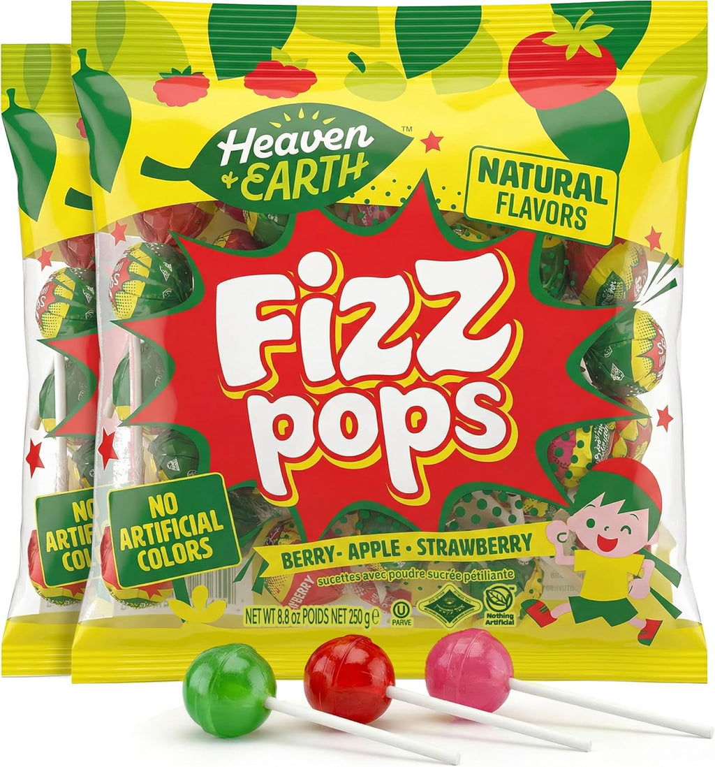 Heaven & Earth Berry, Apple, & Strawberry Fizz Pops (2 Pack - Approx. 76 Count) | All Natural Candy | Kosher | No Artificial Colors | Fun Fizzy Center | Bulk Pack for Parties & Goodie Bags