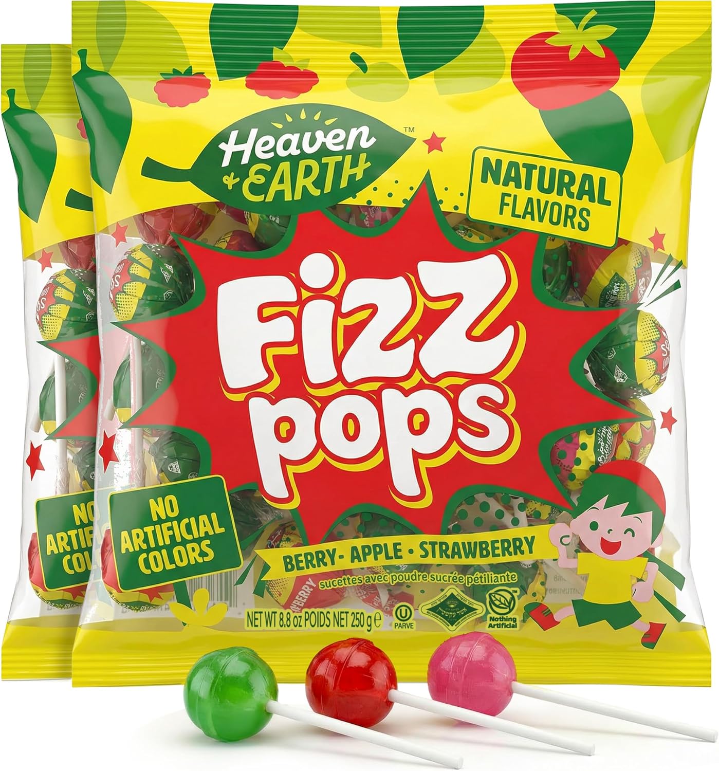 Heaven & Earth Berry, Apple, & Strawberry Fizz Pops (2 Pack - Approx. 76 Count) | All Natural Candy | Kosher | No Artificial Colors | Fun Fizzy Center | Bulk Pack for Parties & Goodie Bags